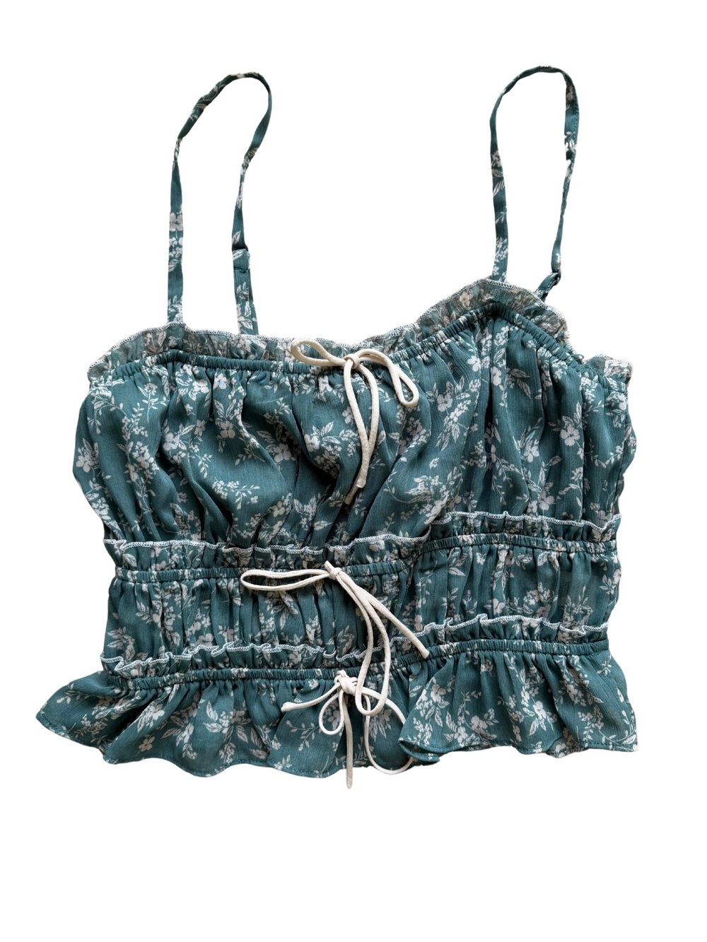 Smocked Floral Cami Top with Adjustable Ties - Teal Green